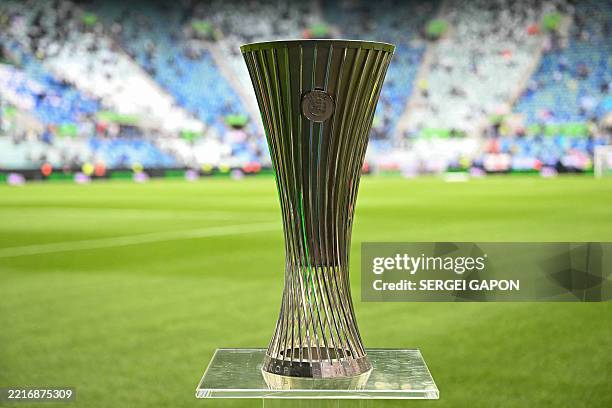 The UEFA Conference League trophy is pictured at the stadium in Wroclaw, Poland on May 28 ahead of the UEFA Conference League final football match...
