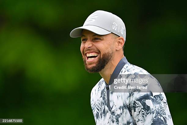 Stephen Curry, NBA player for the Golden State Warriors, laughs prior to the Memorial Tournament presentedy by Workday at Muirfield Village Golf Club...