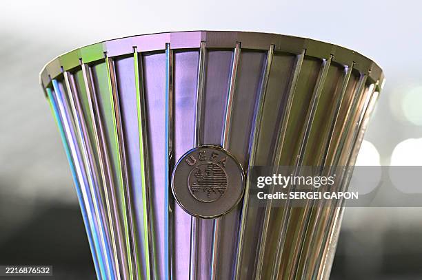 The UEFA Conference League trophy with UEFA logo is displayed at the stadium in Wroclaw, Poland on May 28 ahead of the UEFA Conference League final...