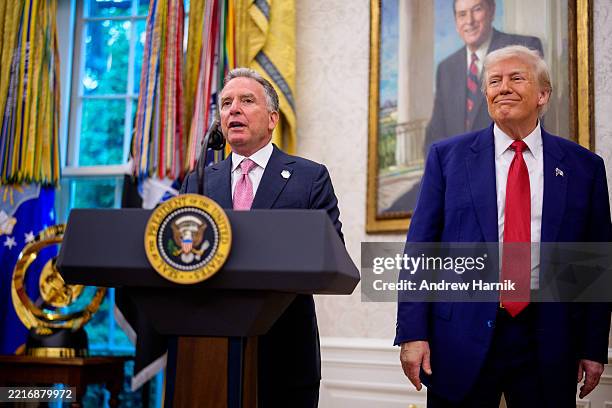 Special Envoy to the Middle East Steve Witkoff, accompanied by U.S. President Donald Trump, speaks during a swearing in ceremony for interim U.S....