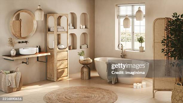 modern boho bathroom with soft lighting - wabi sabi stock pictures, royalty-free photos & images