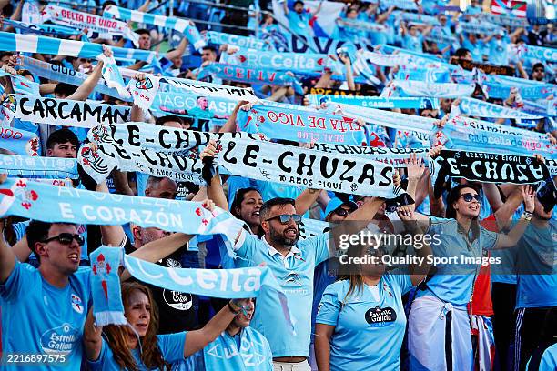 Celta de Vigo fans raise their scarves during the LaLiga match between Getafe CF and RC Celta de Vigo at Coliseum Alfonso Perez on May 24, 2025 in...