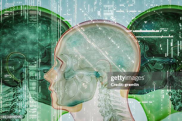 abstrakte futuristische menschliche röntgenköpfe - medizinisches-material stock-fotos und bilder