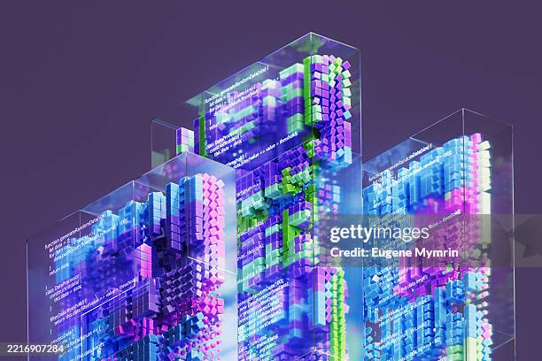artificial intelligence generating colorful blocks of code inside glass cubes - artificial intelligence deep learning stock pictures, royalty-free photos & images