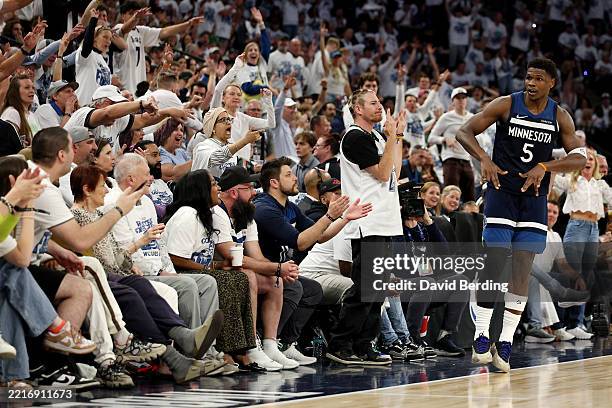 Anthony Edwards of the Minnesota Timberwolves celebrates after a basket against the Oklahoma City Thunder during the third quarter in Game Three of...