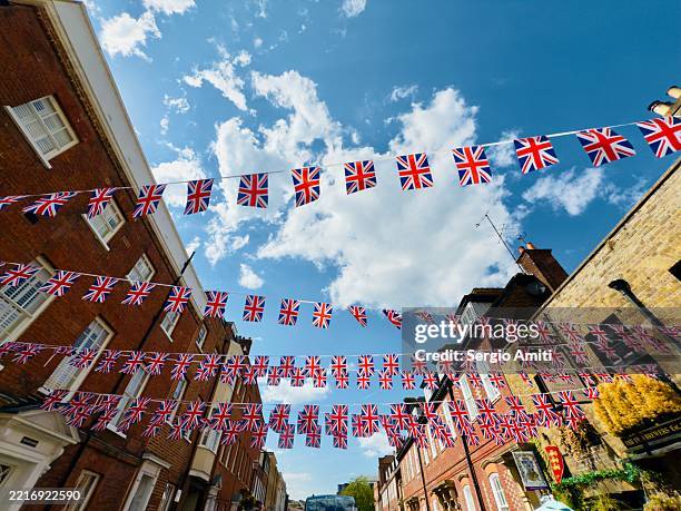 union jack bunting in windsor - street party stock pictures, royalty-free photos & images