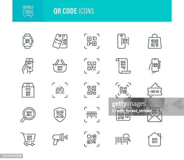 qr code icon set editable stroke - scan barcode stock illustrations