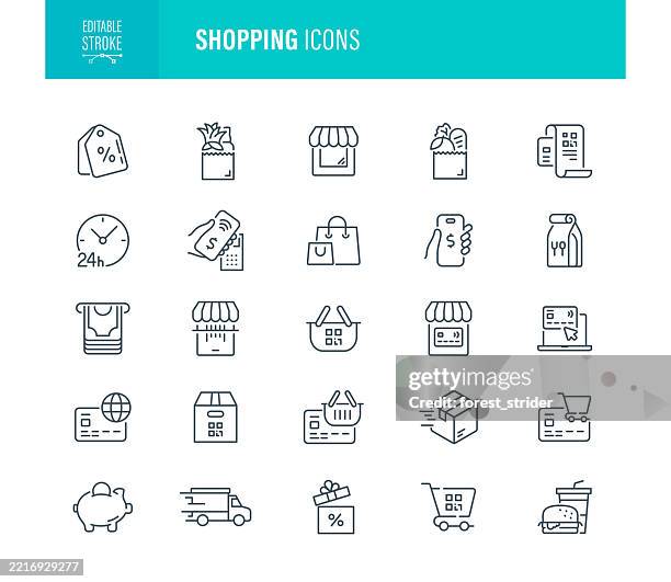 ilustraciones, imágenes clip art, dibujos animados e iconos de stock de conjunto de iconos de compras trazo editable - centro comercial