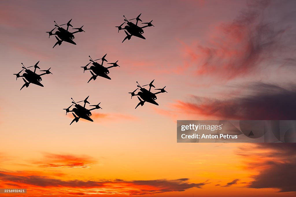 Swarm kamikaze drones at sky. Artificial Intelligence for Drone Control