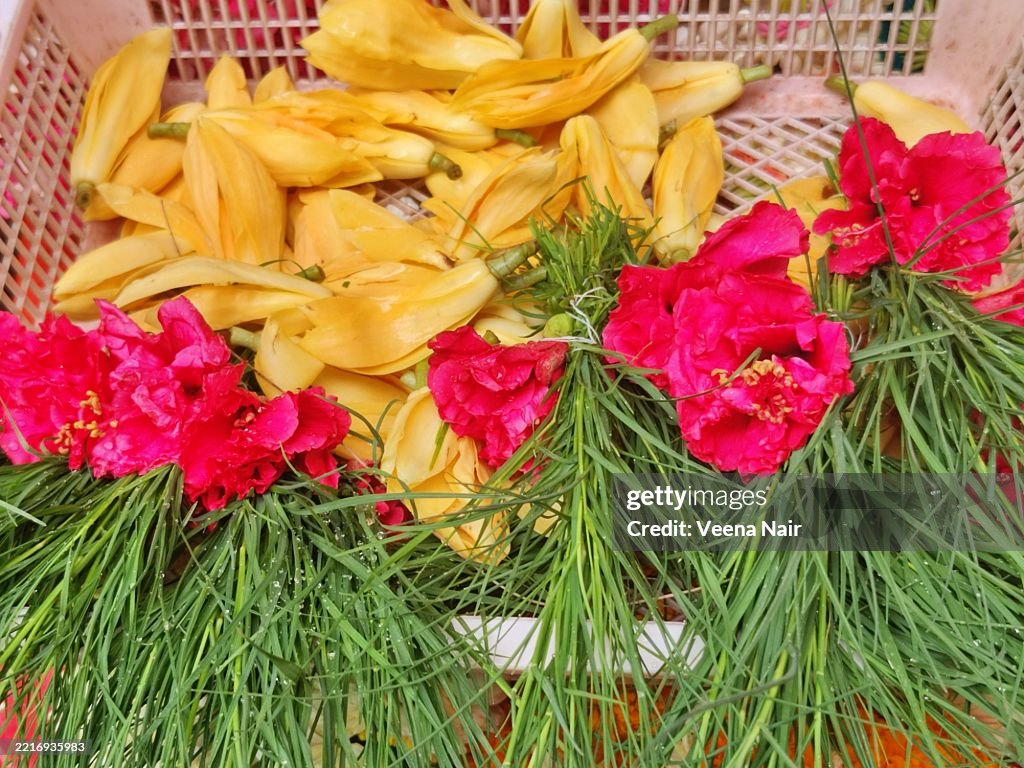 Puja flowers/Swarna champa/Magnolia champaca/golden champa/red hibiscus/Durva grass /Shree Siddhivinayak Temple-Mumbai
