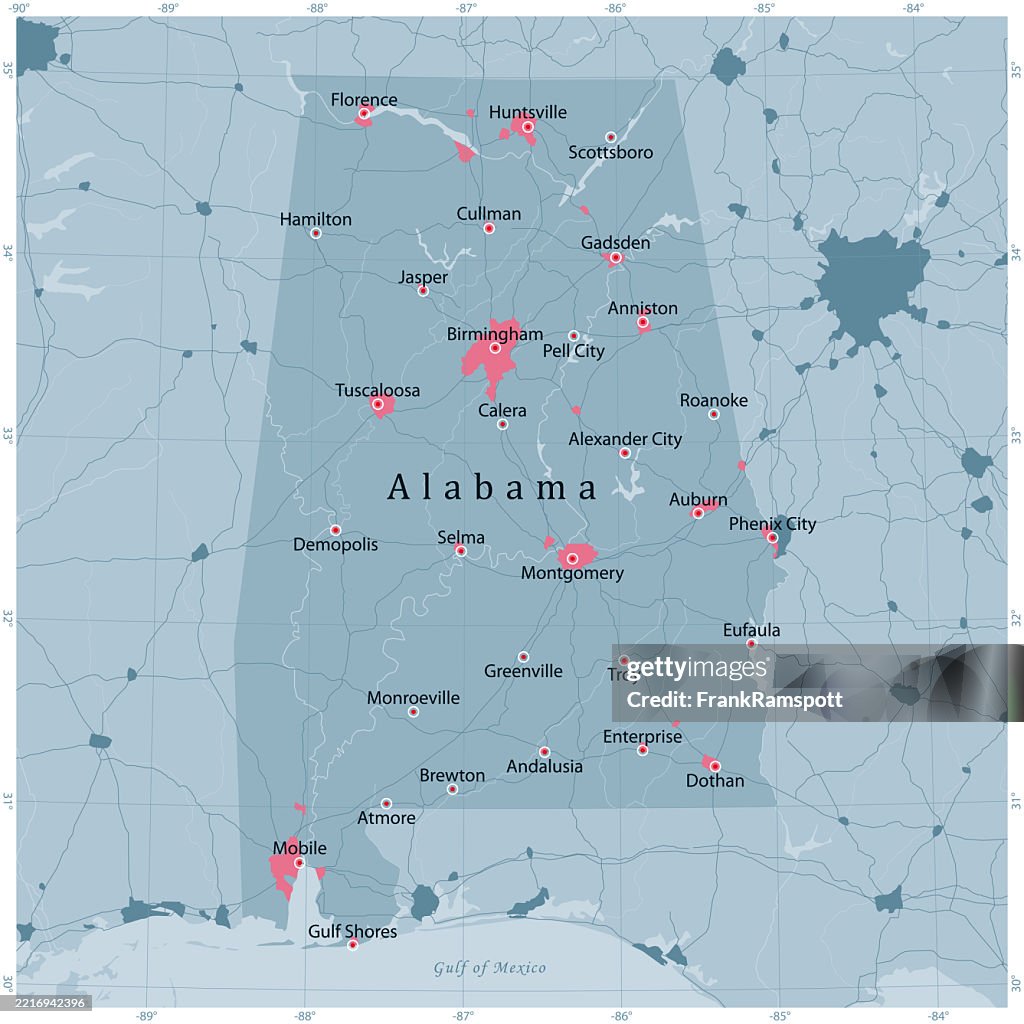 Alabama US State Vector Road Map Grey