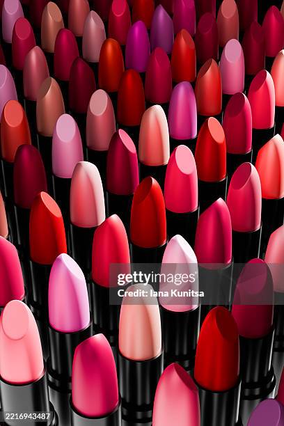 3d vivid multicolored pink, red lipsticks arranged in stylish pattern, highlighting their glossy texture and rich color. fashion, beauty vertical background. cosmetic products. perfect for makeup industry visuals. - lipstick stock pictures, royalty-free photos & images