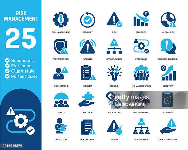 ilustraciones, imágenes clip art, dibujos animados e iconos de stock de iconos sólidos de glifo de gestión de riesgos. contiene una colección de iconos sólidos de negocios, estrategia, organización. ilustración vectorial. píxel perfecto sobre fondo blanco limpio - reducción