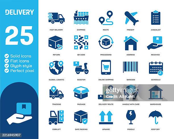 delivery glyph solid icons. containing logistic, shipping, cargo solid icons collection. vector illustration. perfect pixel on clean white background - water numbers stock illustrations