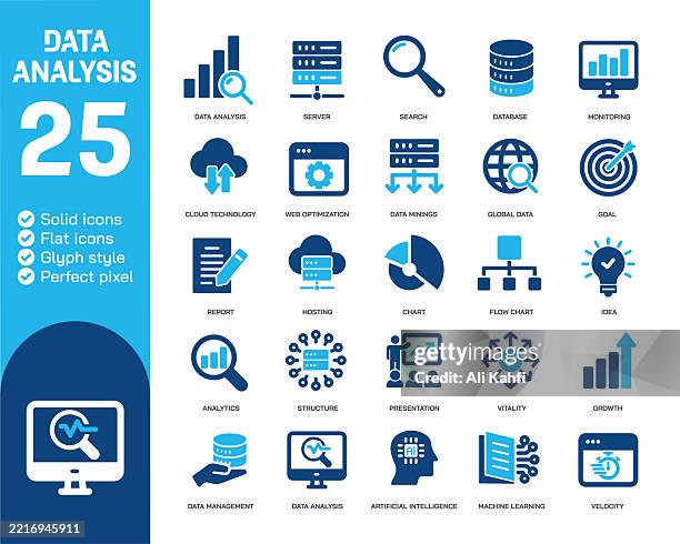 data analysis glyph solid icons. containing analysing, research, searching solid icons collection. vector illustration. perfect pixel on clean white background - workflow optimization stock illustrations