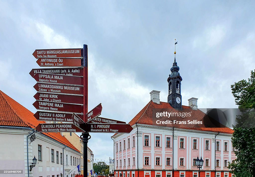 Directional signs near the town hall in Tartu, Estonia
