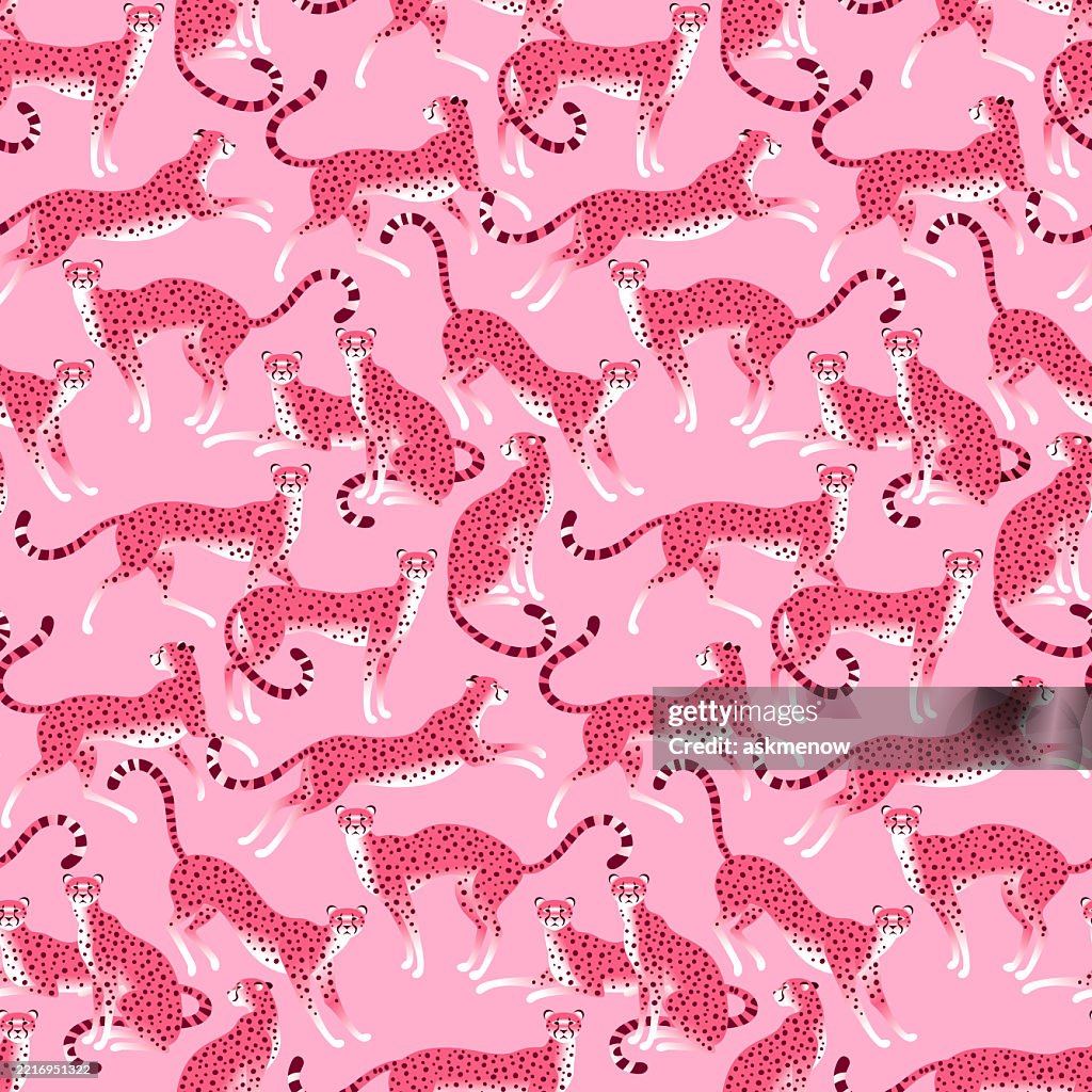 Seamless pattern with pink cheetahs