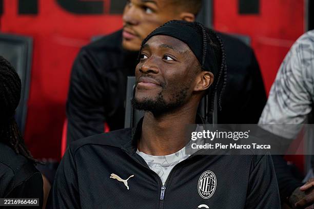 Tammy Abraham of AC Milan on the bench during the Serie A match between AC Milan and Monza at Stadio Giuseppe Meazza on May 24, 2025 in Milan, Italy.