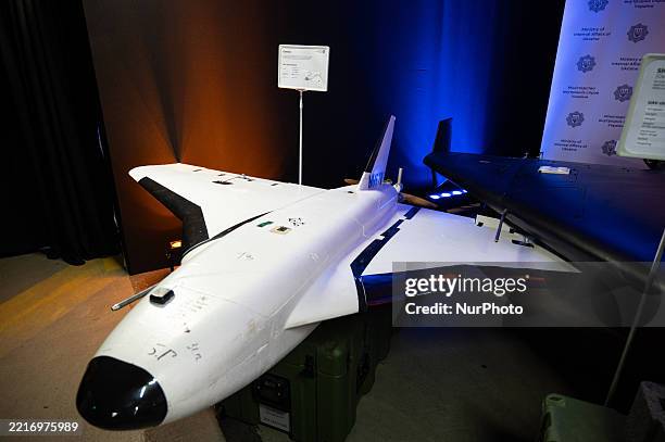 Gerbera Russian UAV used in the war against Ukraine is displayed at the exhibition of Ukraine's Interior Affairs, visited by Prime Minister of...
