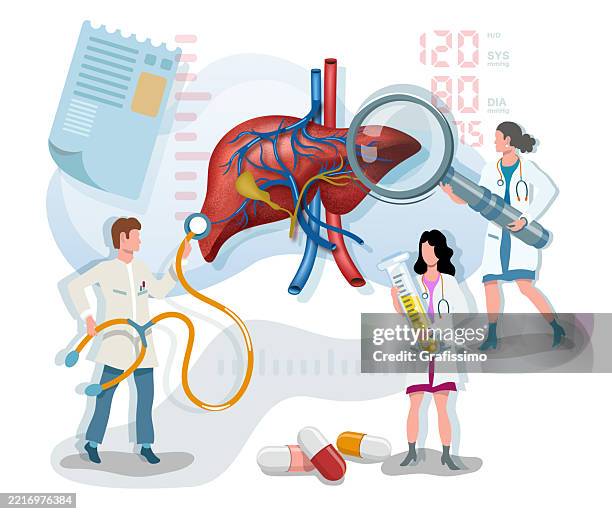 flat vector illustration of three doctor examining human liver flat vector illustration - lab worker white background stock illustrations