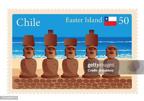 anakena beach, easter island stamp - ahu tahai stock illustrations