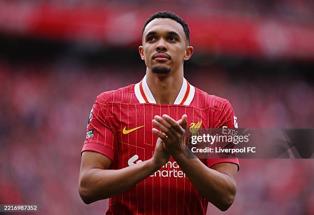 Trent Alexander-Arnold of Liverpool acknowledges the fans, as he makes his final appearance for the team during the Premier League match between...