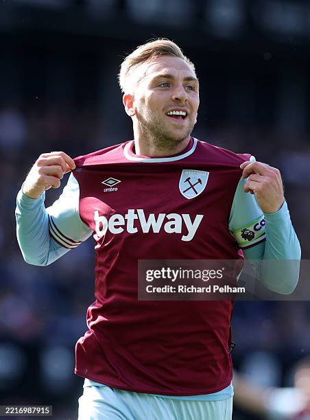 Jarrod Bowen of West Ham United celebrates scoring his team's second goal during the Premier League match between Ipswich Town FC and West Ham United...