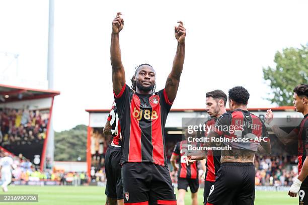 Antoine Semenyo of Bournemouth celebrates after scoring to make it 1-0 during the Premier League match between AFC Bournemouth and Leicester City FC...