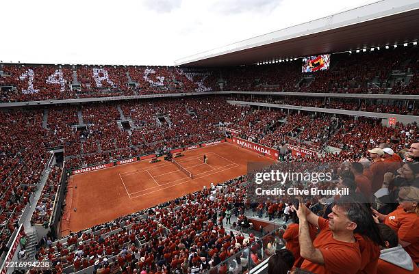 General view as Rafael Nadal stands on Court Philippe-Chatrier during a ceremony held in his honour on Day One of the 2025 French Open at Roland...