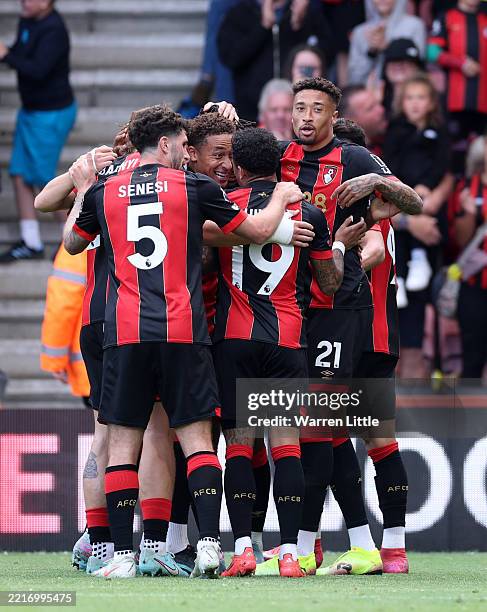 Antoine Semenyo of AFC Bournemouth celebrates scoring his team's second with teammates during the Premier League match between AFC Bournemouth and...