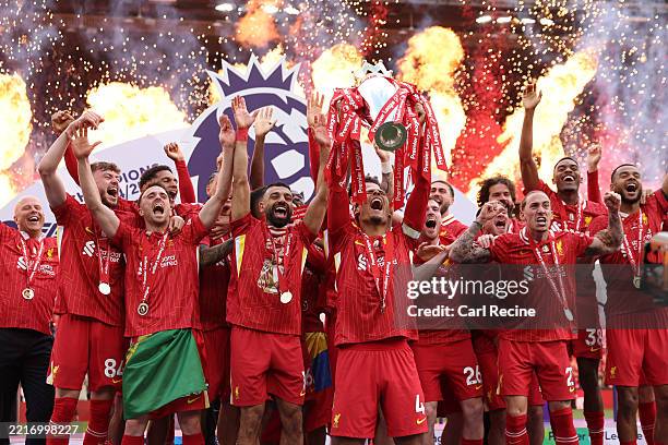 Virgil van Dijk of Liverpool, lifts the Premier League trophy, as Liverpool are crowned the Champions of the Premier League for the 2024/25 Season,...