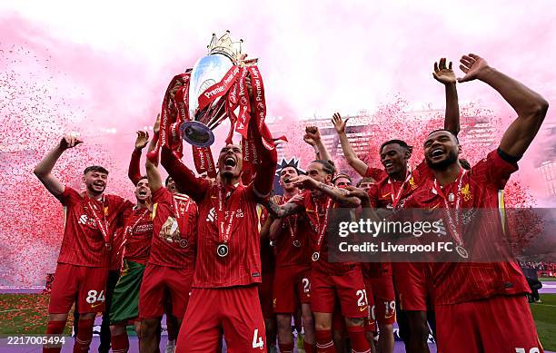 Virgil van Dijk of Liverpool, lifts the Premier League trophy, as Liverpool are crowned the Champions of the Premier League for the 2024/25 Season,...