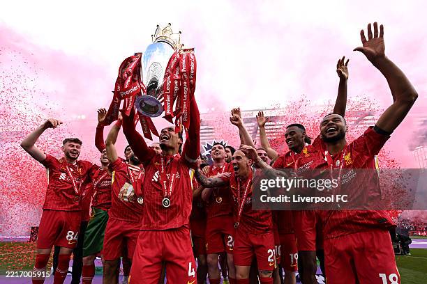Virgil van Dijk of Liverpool, lifts the Premier League trophy, as Liverpool are crowned the Champions of the Premier League for the 2024/25 Season,...