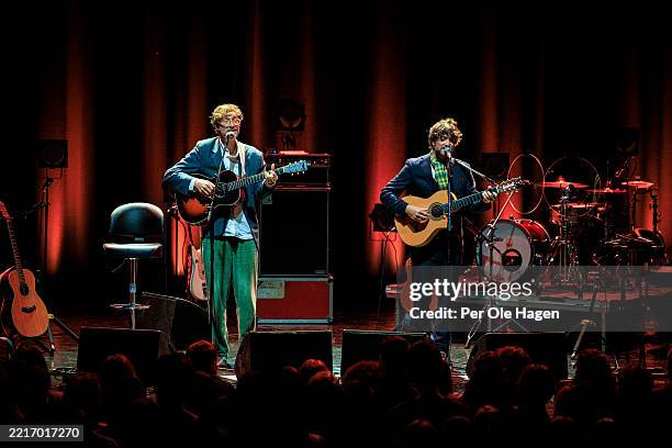 Erlend Øye and Eirik Glambek Bøe from Kings of Convenience perform on stage at Sentrum Scene on May 25, 2025 in Oslo, Norway.