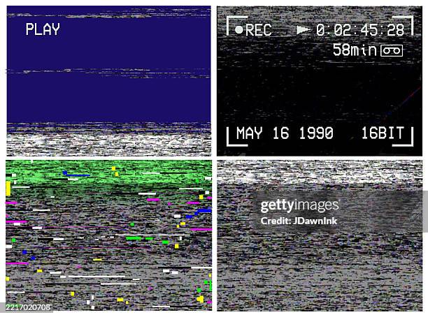 set of 90s vhs play and camcorder recording screen overlay control menu panels blue, black and glitch backgrounds - vhs stock illustrations