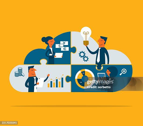 combine puzzle pieces - working together - it support team stock illustrations