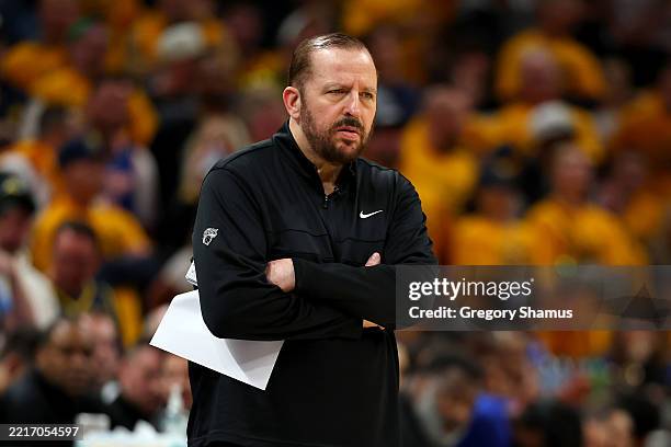 Head coach Tom Thibodeau of the New York Knicks reacts against the Indiana Pacers during the fourth quarter in Game Three of the Eastern Conference...