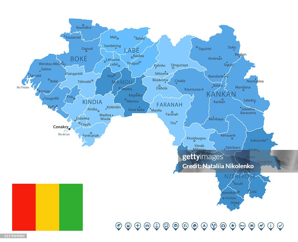 Guinea - Detailed map with regions, cities and country flag.
