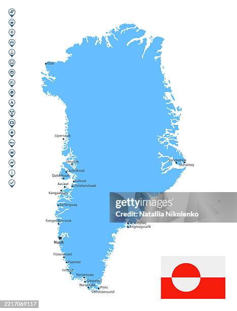 greenland - detailed map with regions, cities and country flag. - greenland stock illustrations