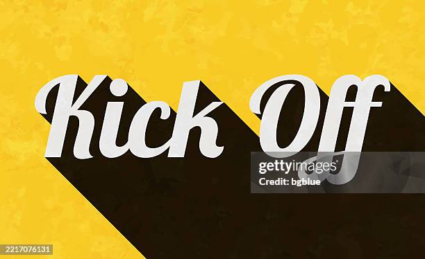 illustrations, cliparts, dessins animés et icônes de kick off - texte avec une longue ombre sur fond jaune texturé - soirée de lancement