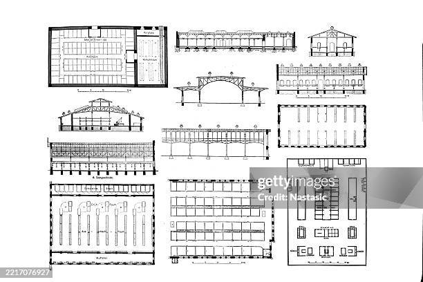 slaughterhouses and livestock farms - factory blueprint stock illustrations