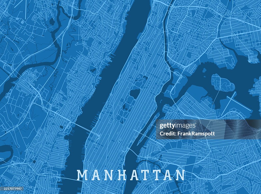 Manhattan NY City Vector Road Map Blue Horizontal
