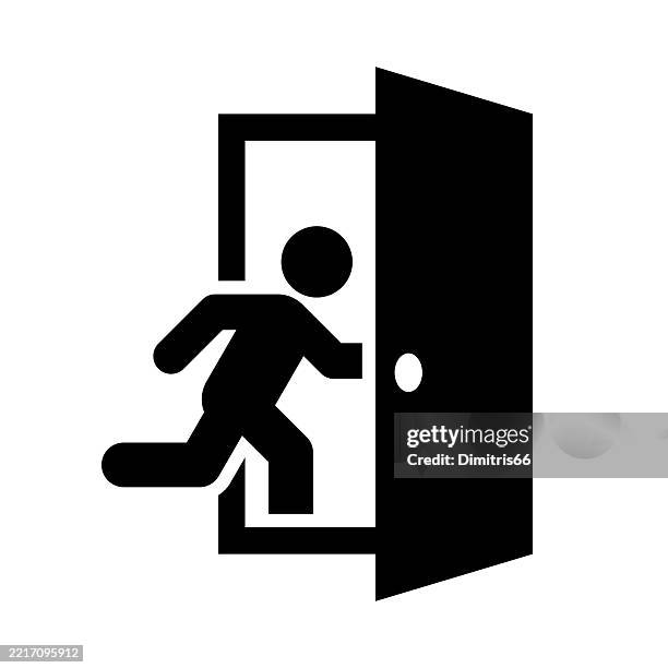 ilustraciones, imágenes clip art, dibujos animados e iconos de stock de icono de salida de emergencia - evacuación