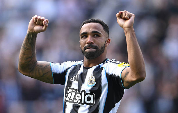 Newcastle striker Callum Wilson reacts towards the Newcastle Fans after the Premier League match between Newcastle United FC and Everton FC at St...