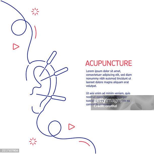 continuous line drawing of acupuncture icon. hand drawn symbol vector illustration. minimalist design with thin blue and red lines. - acupuncture needle stock illustrations