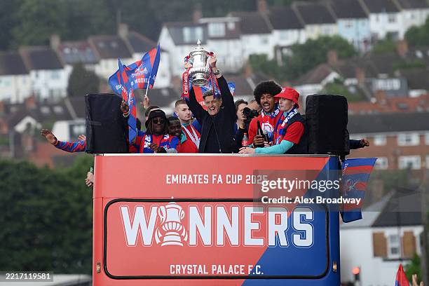Steve Parish, co-owner and chairman of Crystal Palace celebrates with the FA Cup trophy on May 26, 2025 in London, England. Crystal Palace defeated...
