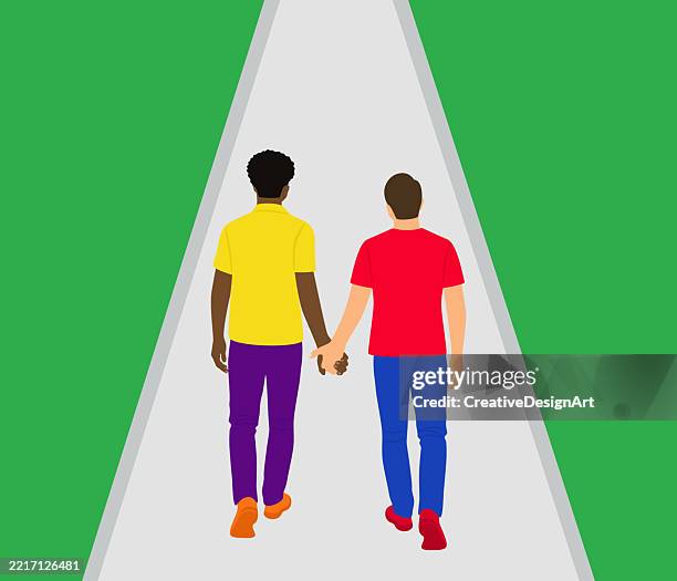 stockillustraties, clipart, cartoons en iconen met rear view of gay couple holding hands while walking in the park. love is love, lgbtq rights and pride month concept - alleen volwassenen