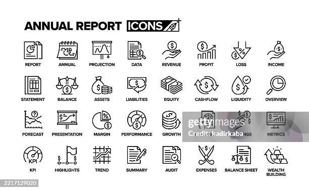illustrations, cliparts, dessins animés et icônes de ensemble d’icônes de ligne de rapport annuel. groupe d’objets. rapport, projection, chiffre d’affaires, bénéfice, perte, revenu, actifs, marge, croissance, prévision, dépenses. - événement annuel