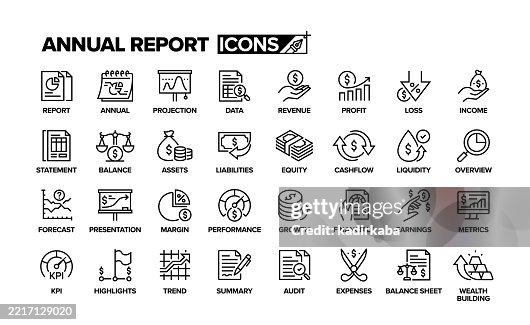 Annual report line icon set. Group of object. Report, projection, revenue, profit, loss, income, assets, margin, growth, forecast, expenses. Annual report line icon set. Group of object. Report, projection, revenue, profit, loss, income, assets, margin, growth, forecast, expenses.