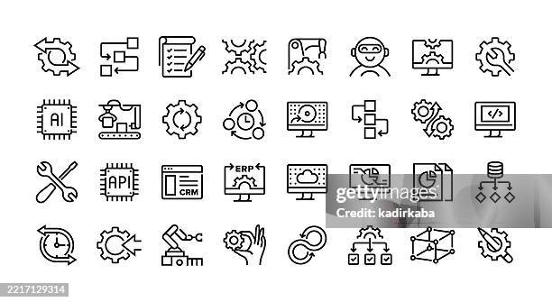 business automation line icon set. group of object. automated, business, process, development, workflow, system, integration, sustainability, machine, artificial intelligence, integration. - erp stock illustrations